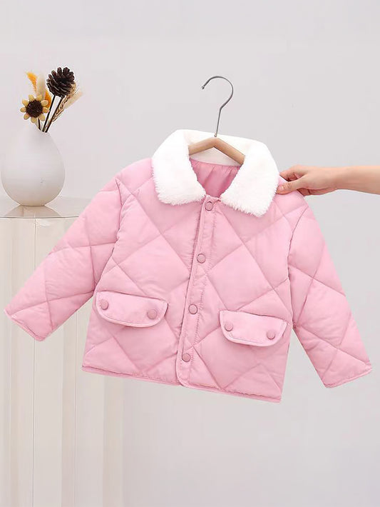 Boys & Girls Korean-Style Winter Jacket with Fur Collar - Thickened Warm Coat, 100% -Filled, Lapel Collar & Button Front, Long Sleeve Snow Suit for Outdoor Play, Skiing, Snowboarding - Ideal Cold Weather Gift