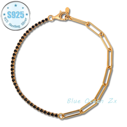 925 Sterling Silvery 18k Golden Plated Half Moissanite Half Paperclip Bracelet, Fashionable And Simple, Adjustable Bracelet, Unisex, Creative, Sparkling, Fashionable, Trendy, And Avant-garde, A Versatile Jewelry Set, Perfect