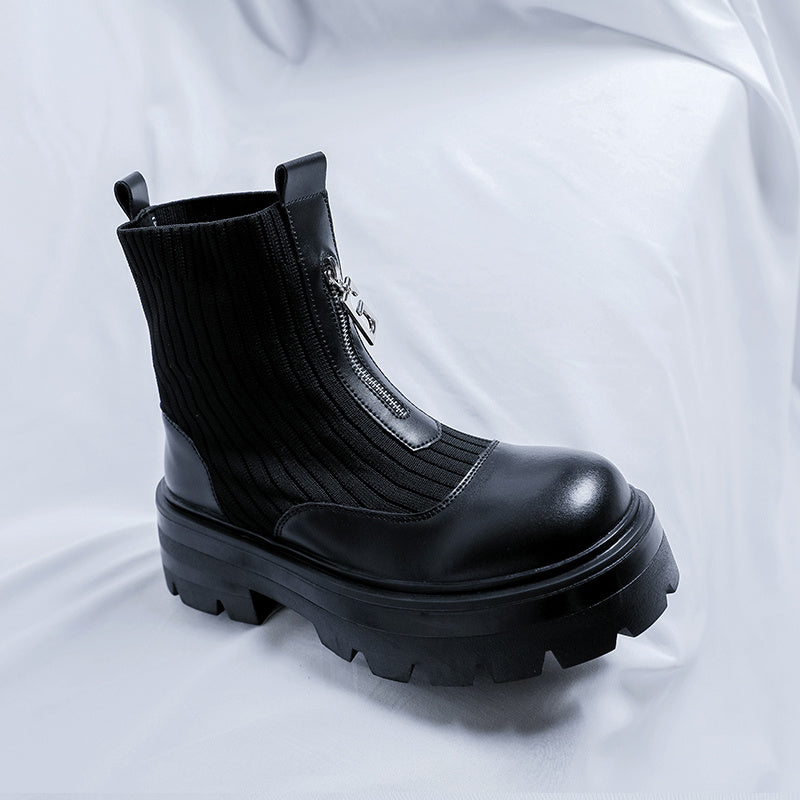 Men'S British Style Chunky Platform Ankle Boots - White Faux Cover & EVA Upper, Thick Rubber Sole, Zipper Closure, Lace-Up Design, Perfect for Business or Casual Wear, Allseason Footwear | Zipper Ankle Boots | Durable Rubber