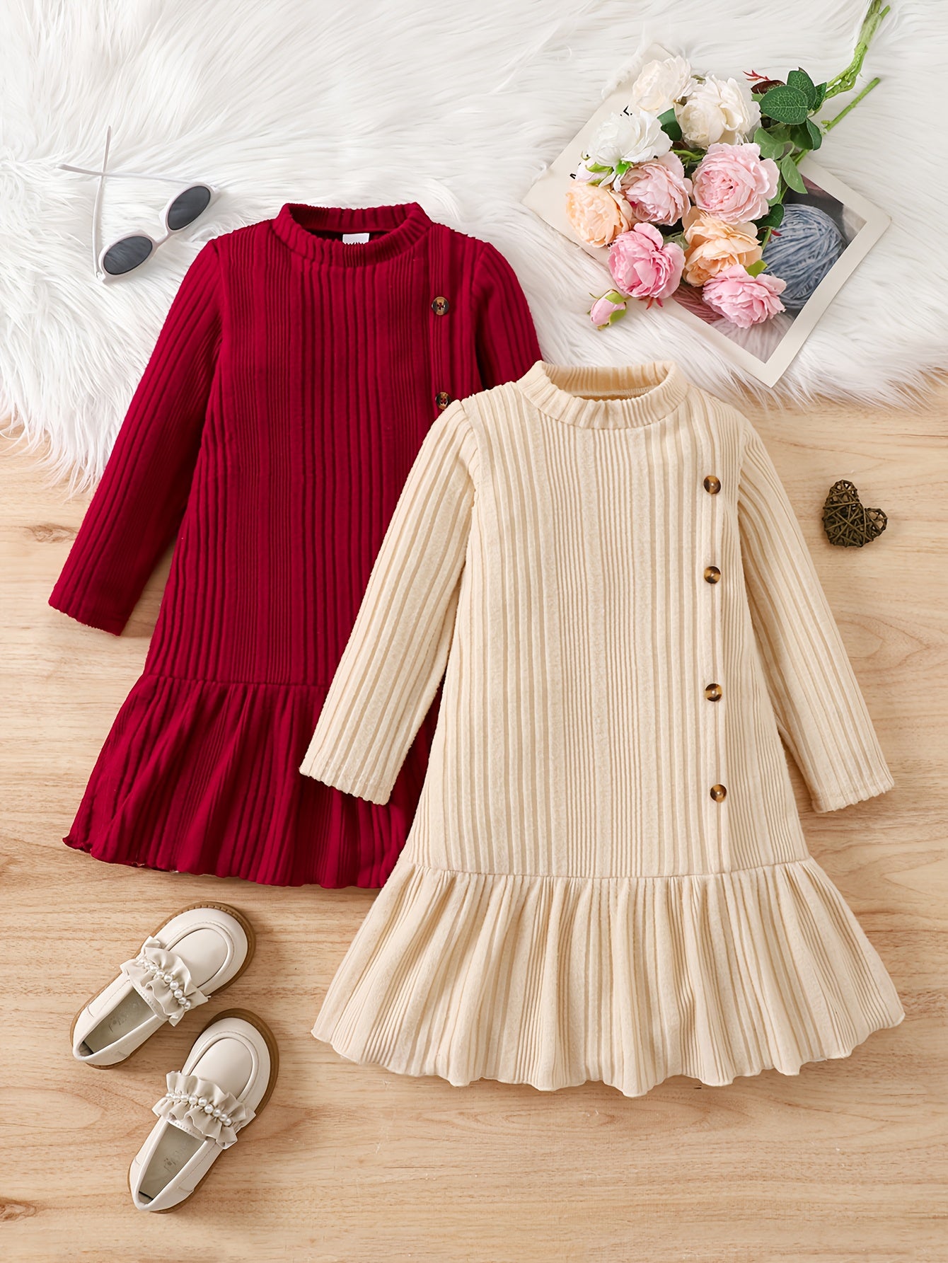 Girls' Casual Knit Two-Piece Dress with High Neck, Ruffled Hem and Button Decor - Knee-Length, Long Sleeve, and Burgundy Set - Perfect for Home, Outdoor, and Parties - Spring/Fall Seasonal Wear, Cute Dresses