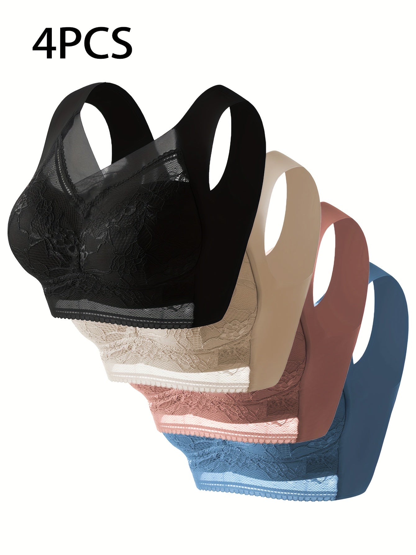 [4pcs Lace Bra] 4pcs Mixed Color Women's Lace Underwear | Daily Bra, No Steel Ring
