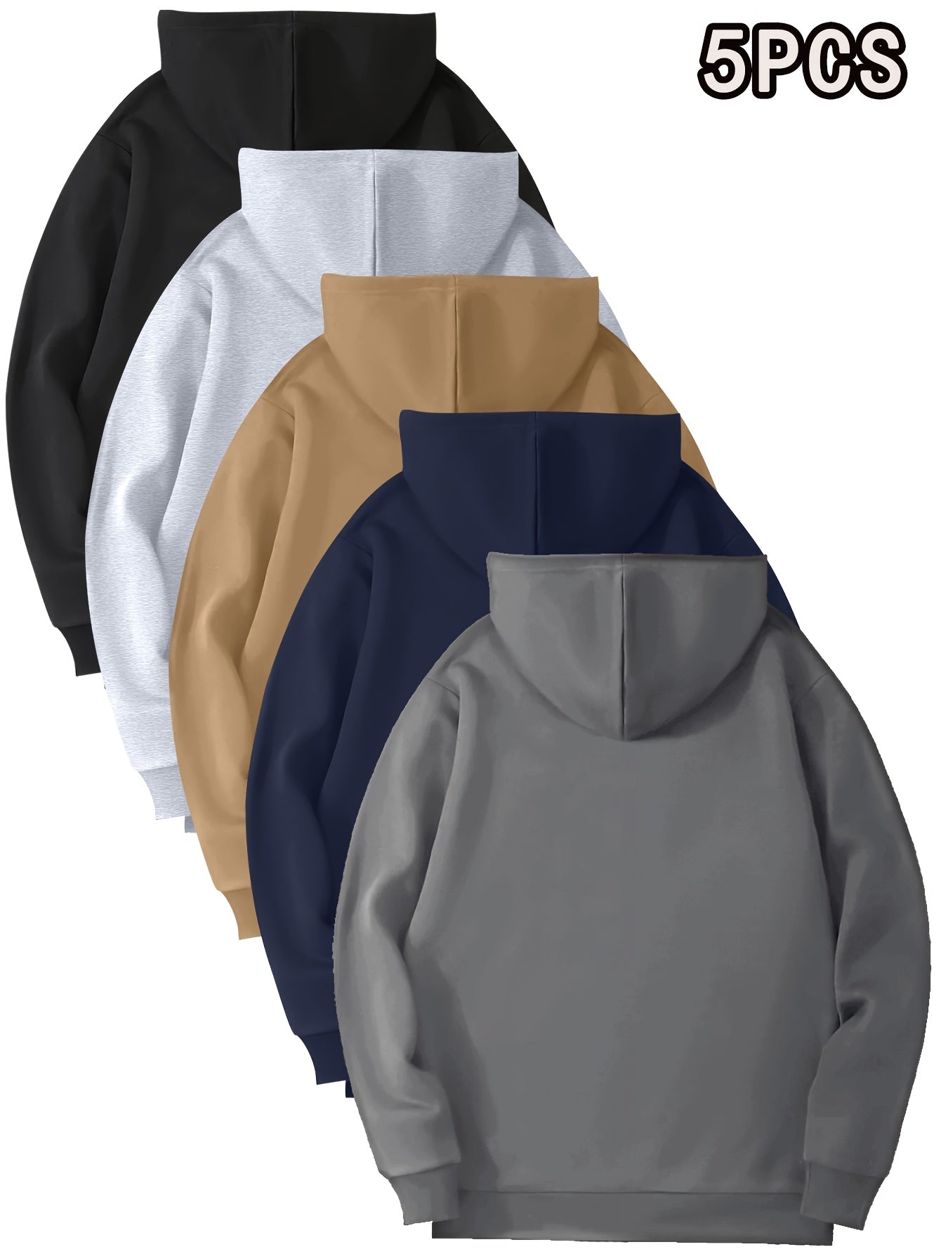 5pcs Solid Color Men's Hooded Long Sleeve Sweatshirts with Kangaroo Pocket - Breathable Pullover Sweaters, Machine Washable Outdoor Gym Jogging Wear, Spring/Fall Casual Layering (Regular Fit, 5pcs Bulk Order Discount)