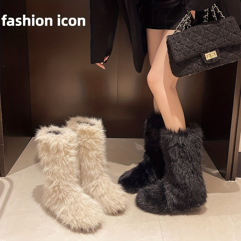Women's Faux Fur Boots, Winter Snow Boots, Warm Fluffy Faux Fur Snow Boots, Outdoor Flat Bottom Warm Shoes, Suitable for Christmas And Valentine's Day Gifts (Style Enthusiasts), Essential Tools for Warmth -3 Colors