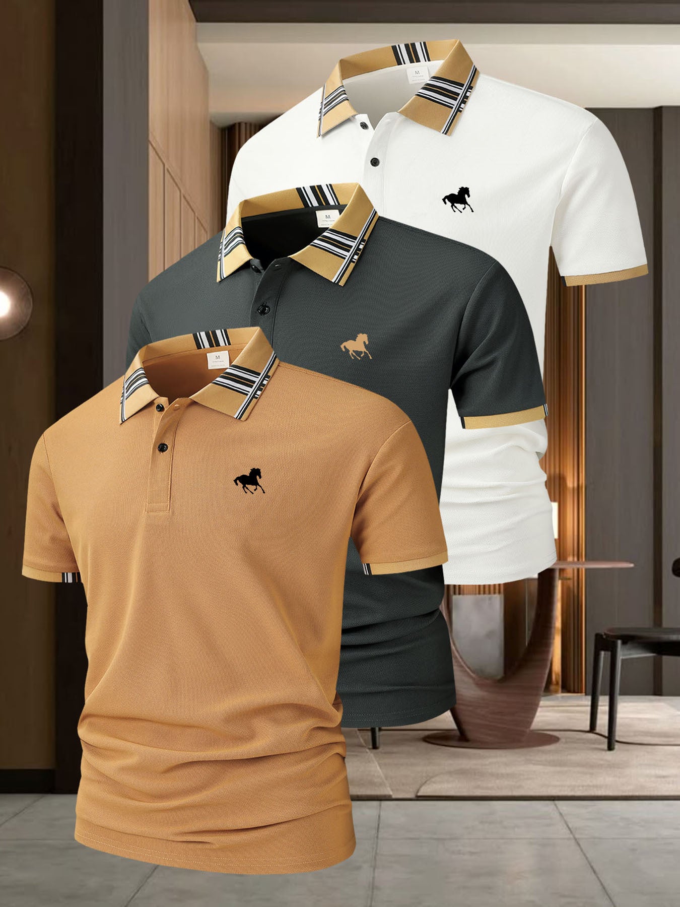 (AA046 Right Horse Racing Print Three-Piece Set) Milanese British Style Men'S Casual Short-Sleeved Shirt Popular Plaid Collar Golf Clothing Men'S Outdoor Sports Polo Shirt Lapel Polo Shirt Men'S Polo T-Shirt