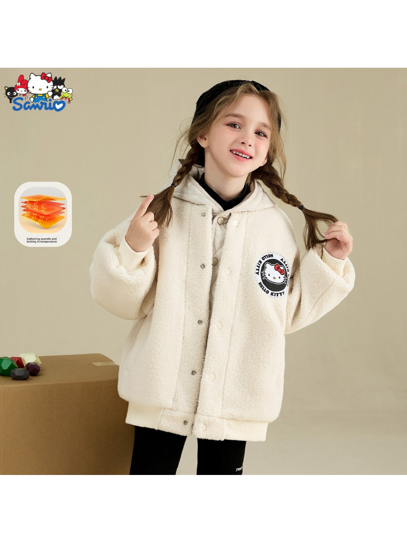 [Officially Licensed] Sanrio for hello kitty Girls' Thickened Warm Fake Two-Piece Jacket Cartoon Warm Winter Thickened Outerwear Comfortable Fabric Soft Skin-Friendly Fake Two-Piece Hooded Design Versatile Perfect Gift for Fa