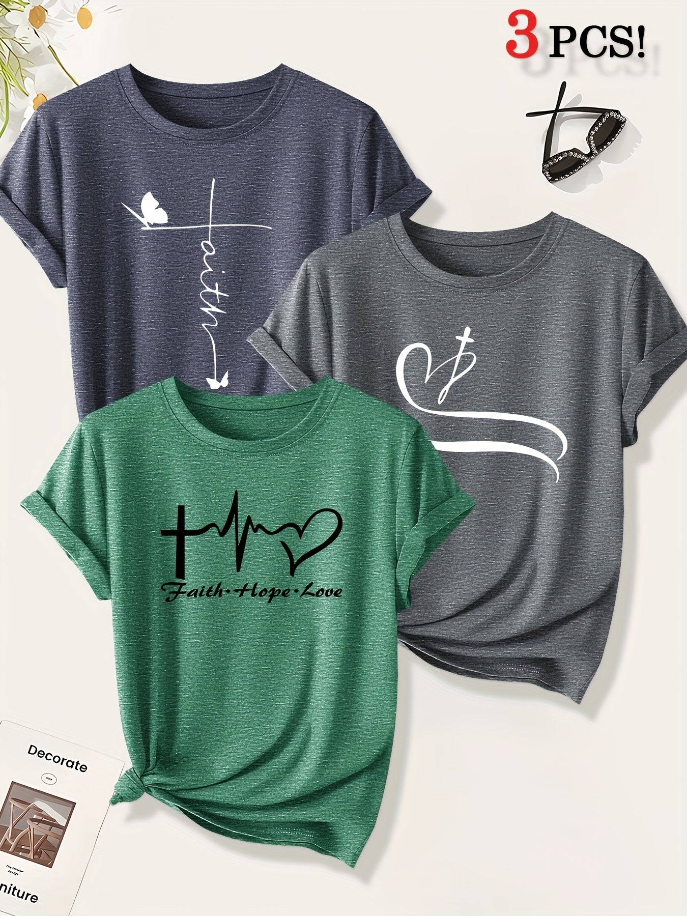 [Christian Cross T-Shirts] A Set of Three Women's Christian Cross Pattern Short-Sleeve T-Shirts Featuring Crosses, Hearts, And Butterfly Prints, Perfect for Casual Summer Wear. Stylish, Elegant, And Versatile, Available in Mu