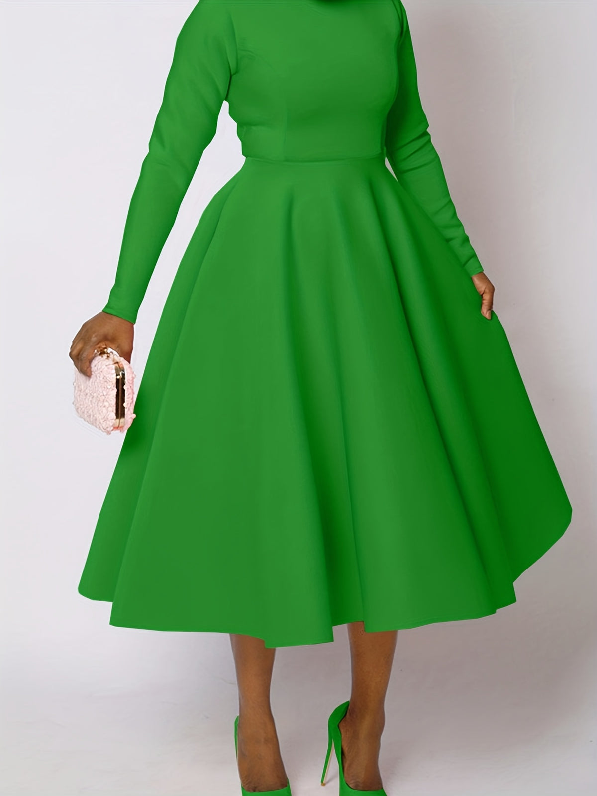 Plus Size - Plus Size, Women'S Elegant Long Sleeve A-Line Maxi Dress - Solid Emerald Green Round Neck Puff Sleeve Formal & Semi-Formal Winter Dress with Structured Waist, Floor-Length Flowing Skirt for Autumn/Winter, Casual t