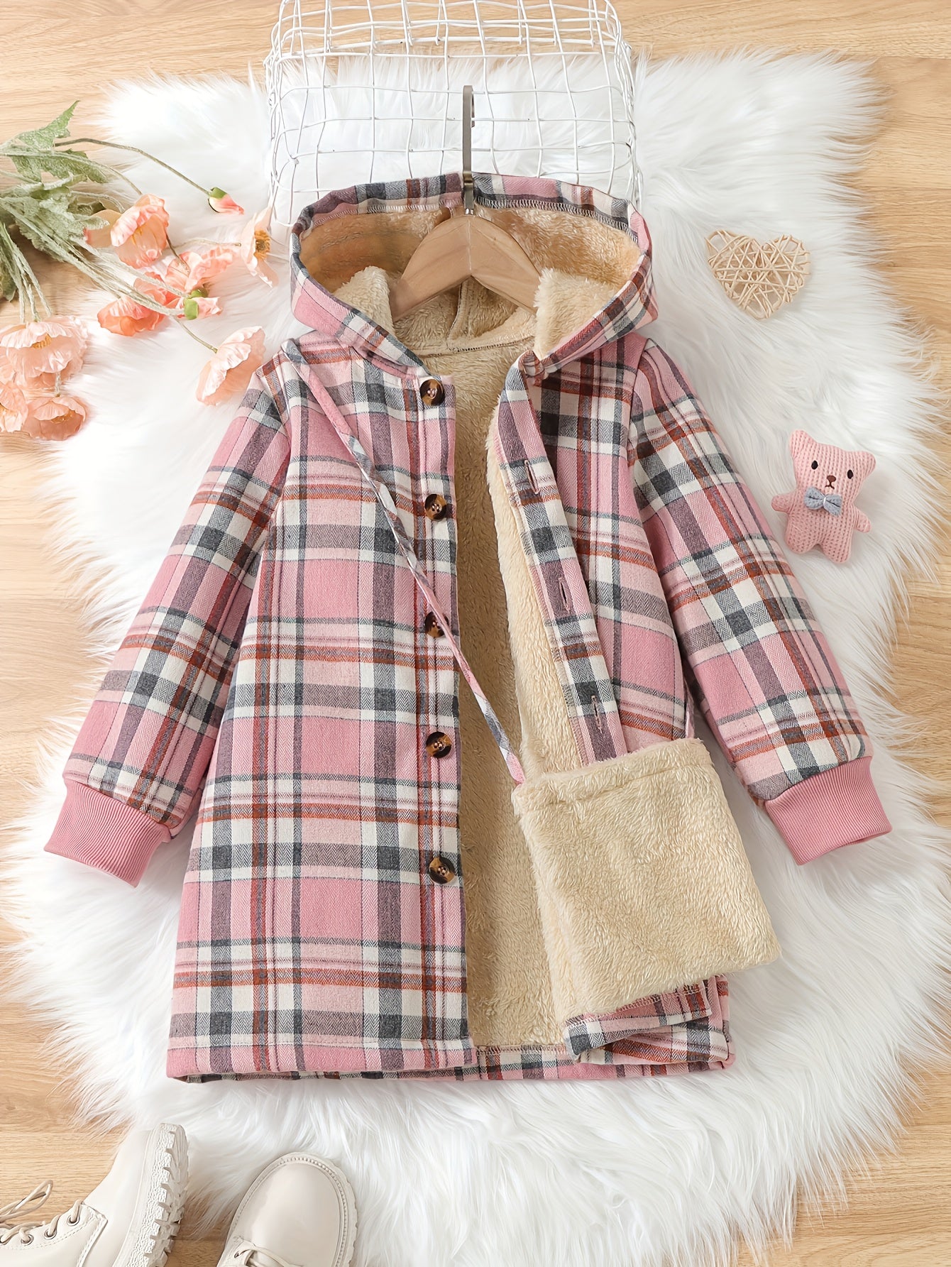 Girls' Winter Warm Plaid Hooded Jacket with Matching Bag - Thickened Button-Front Closure Coat, Long Mid-Length Outerwear for, Playdates & Cold Weather (Machine Washable)