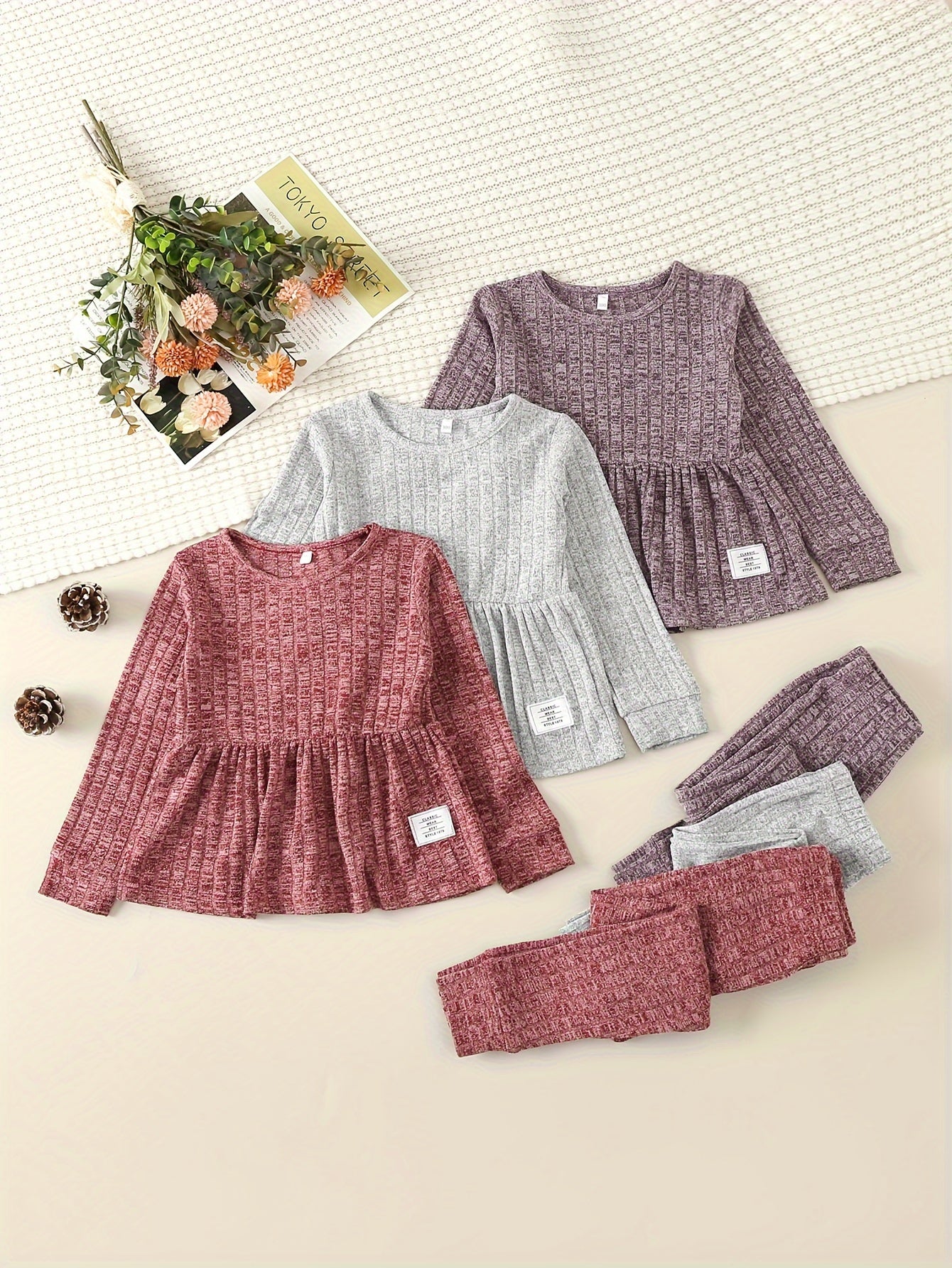 [3pcs Girls' Knit Set] 3pcs Girls' Knit Long Sleeve Dress & Leggings Set | Casual Top & Pants Outfit for Little Girls, Perfect for Outdoor