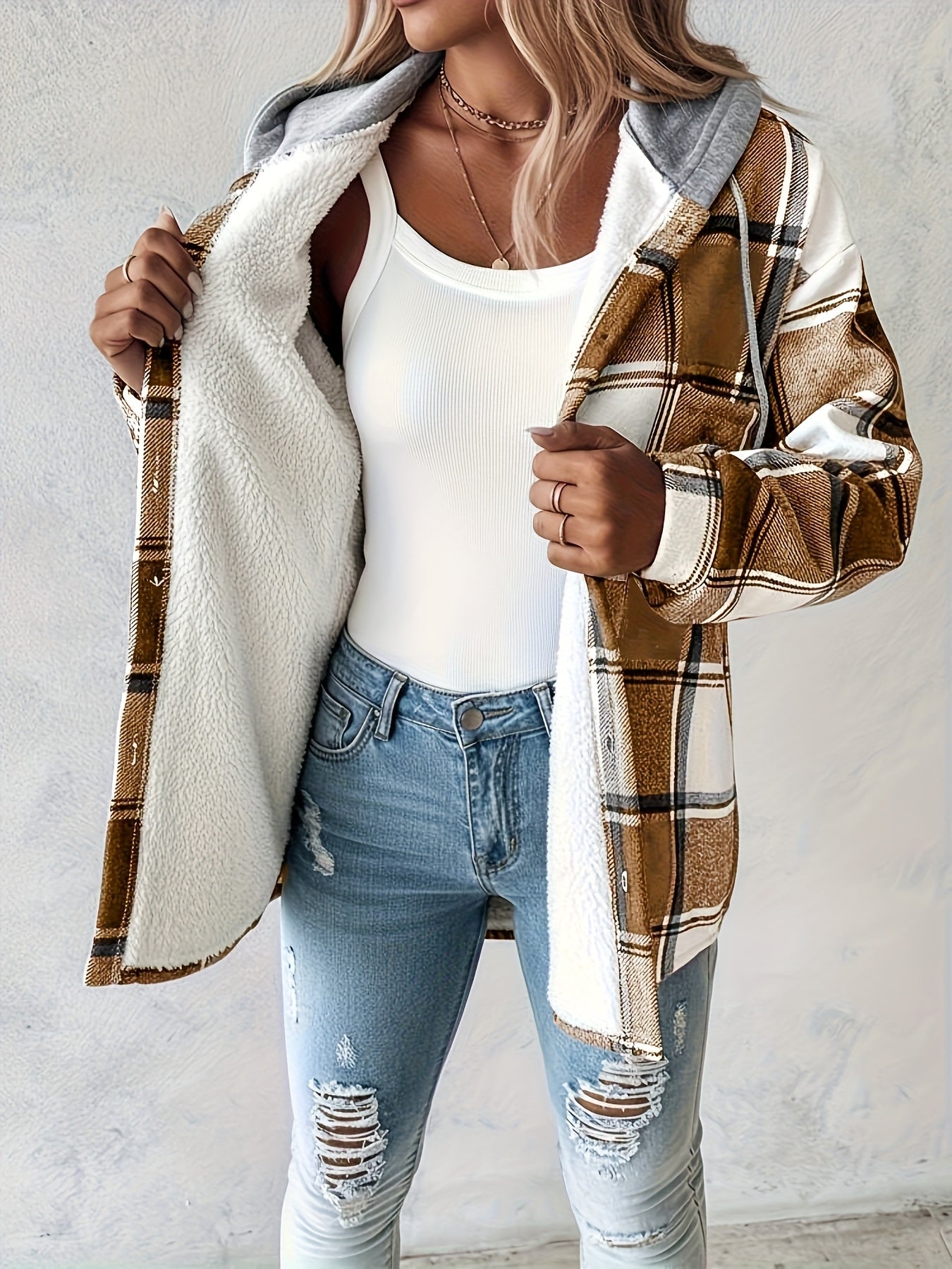 Women'S Oversized Checkered Jacket with Fleece Lining - Hooded Plaid Coat, Long Sleeve Casual Winter Spring Fall Outerwear, Brown/Black/Gray/Beige Tartan Pattern, Machine Washable Relaxed Fit Jacket for Everyday & Formal Outf