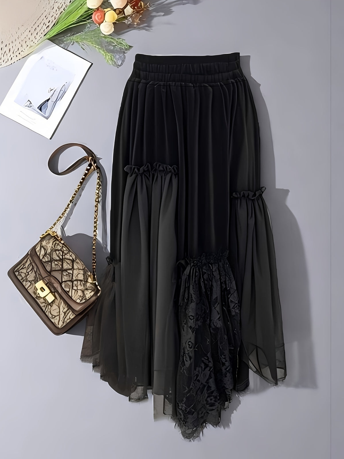 Women'S Elegant Lace Skirt with High Waist & Flared Hem - Long Formal & Semi-Formal Skirt, Solid Black with Intricate Lace Panel, Structured Fit for Fall/Winter, Versatile Everyday to Special Occasion Wear, No Belt Required