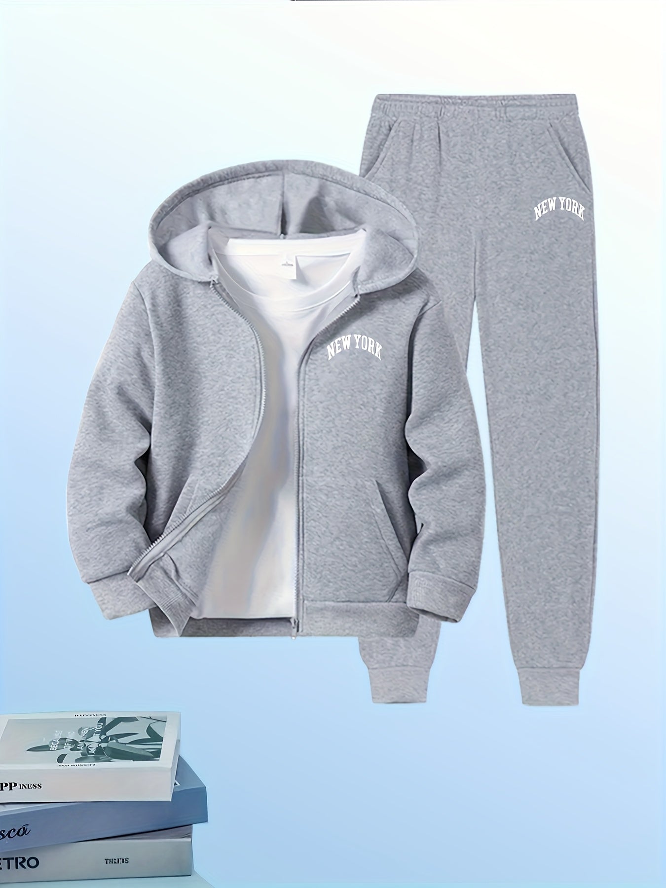 [ 6pcs Set ] Autumn New Men'S Hooded Sweatshirt Set, Both Sweatshirt And Sweatpants Are Printed with The Words "NEW YORK", Highlighting The Urban Trend. Regular Version, Machine Washable, Suitable for Daily Leisure And Outdoo