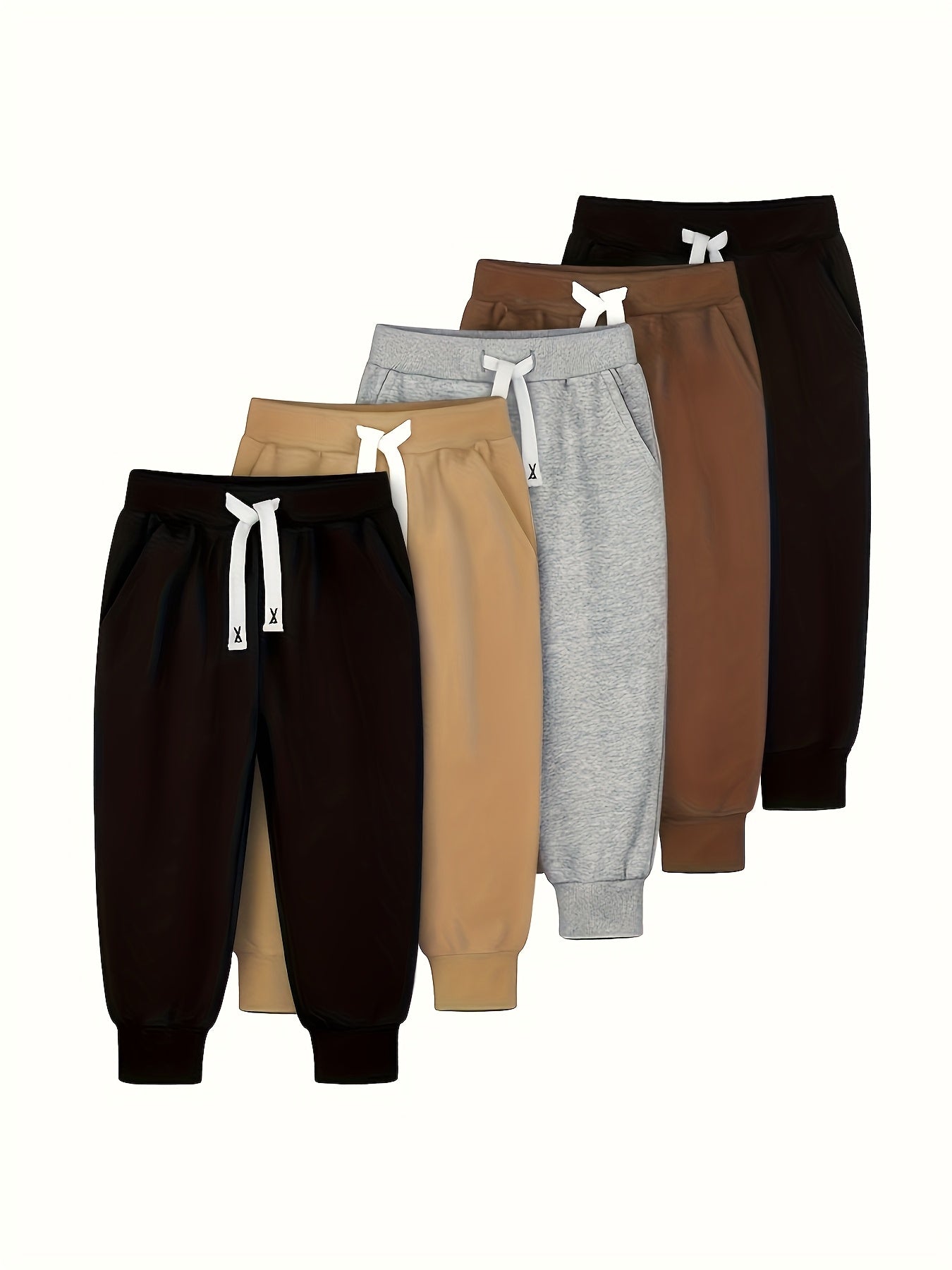 5pcs Boys' Heavy-Duty Cotton Joggers Pants - Elastic Waist & Drawstring Sweatpants with Pockets, Multi-Color (Beige/Navy/Grey/Black/Brown) for Youth 7-15 Years, & Casual Wear - Bulk Pack Athletic Pants, Perfect for Outdoor