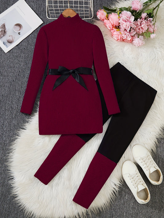 [Perfect for fall winter wear] 2pcs Girls' Autumn/Winter Set: High-Neck Long Sweater Dress with Contrast Patchwork Leggings - Fashion Casual Minimalist Style for Daily Outdoors, School Gathering, Back-to-School Season Fall Wi