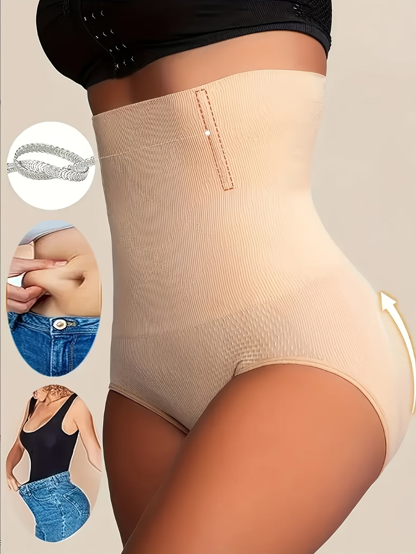 [Looks 10 Pounds Thin]3-Pack Of Women's High-waisted Shapewear - Apricot And Black, Abdominal Control And Buttock Lift, Smooth Stretch Fabric, Solid Stripe Details, Daily Body Contouring And Buttock Lift | Summer Skinny | Thi