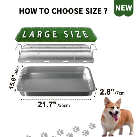 Washable Dog Potty Tray Dog Grass Pad Dog Litter Box Toilet Stainless Steel Tray with Artificial Washable Grass Pads, Dog Potty Training Mat for Indoor Outdoor Use, Green Grass Pad for Small to Medium Dog with Stainless Steel