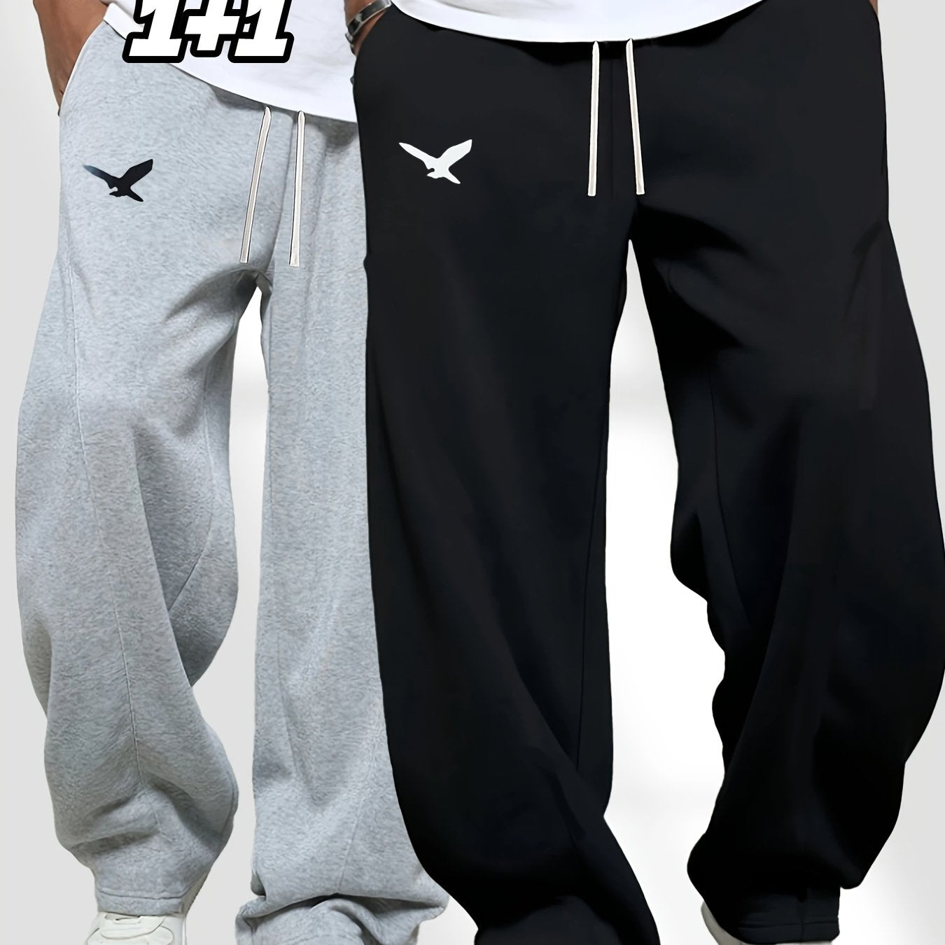 [Eagle Print | Sports Pants] 2pcs Men's Eagle Print Sports Pants | Casual, Adjustable Drawstring, Straight Leg, Trendy Gift for Father or Husband