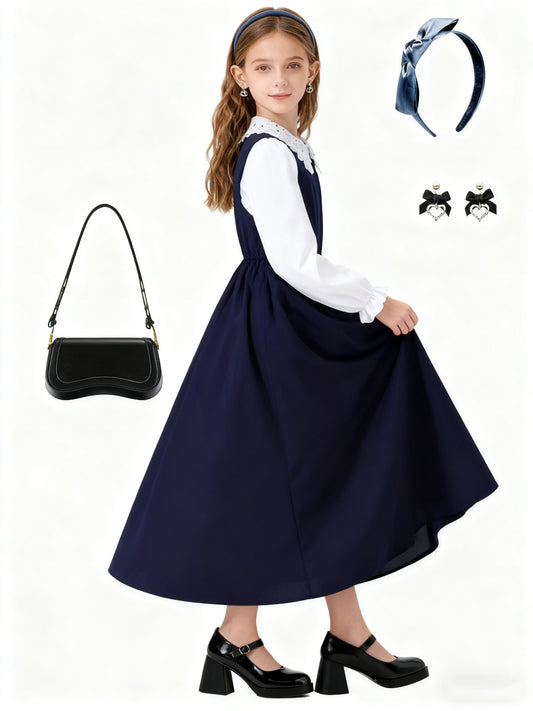 ' Vintage French Sweet Lace Peter Pan Collar Puff Sleeve Dress - Navy & Contrast Long Dress with Ruffled Hem, A-Line Silhouette, Machine Washable Solid Color For Fall/winter, Perfect For Casual Or Formal Occasions, Dresses Fo