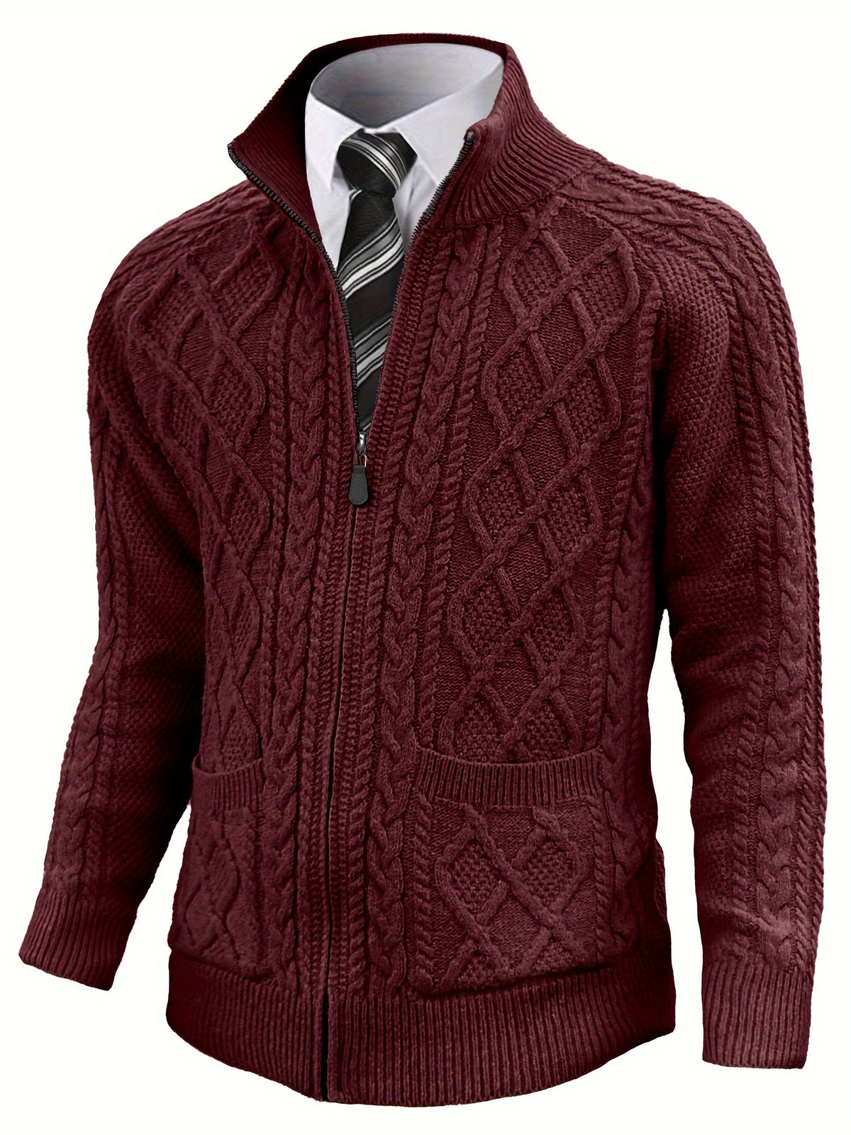 Men'S Cardigan, Solid Color Cable Knit Full Zip Sweater, Perfect for Daily Casual Wear, Warm for Autumn And Winter, a Great Gift for Friends