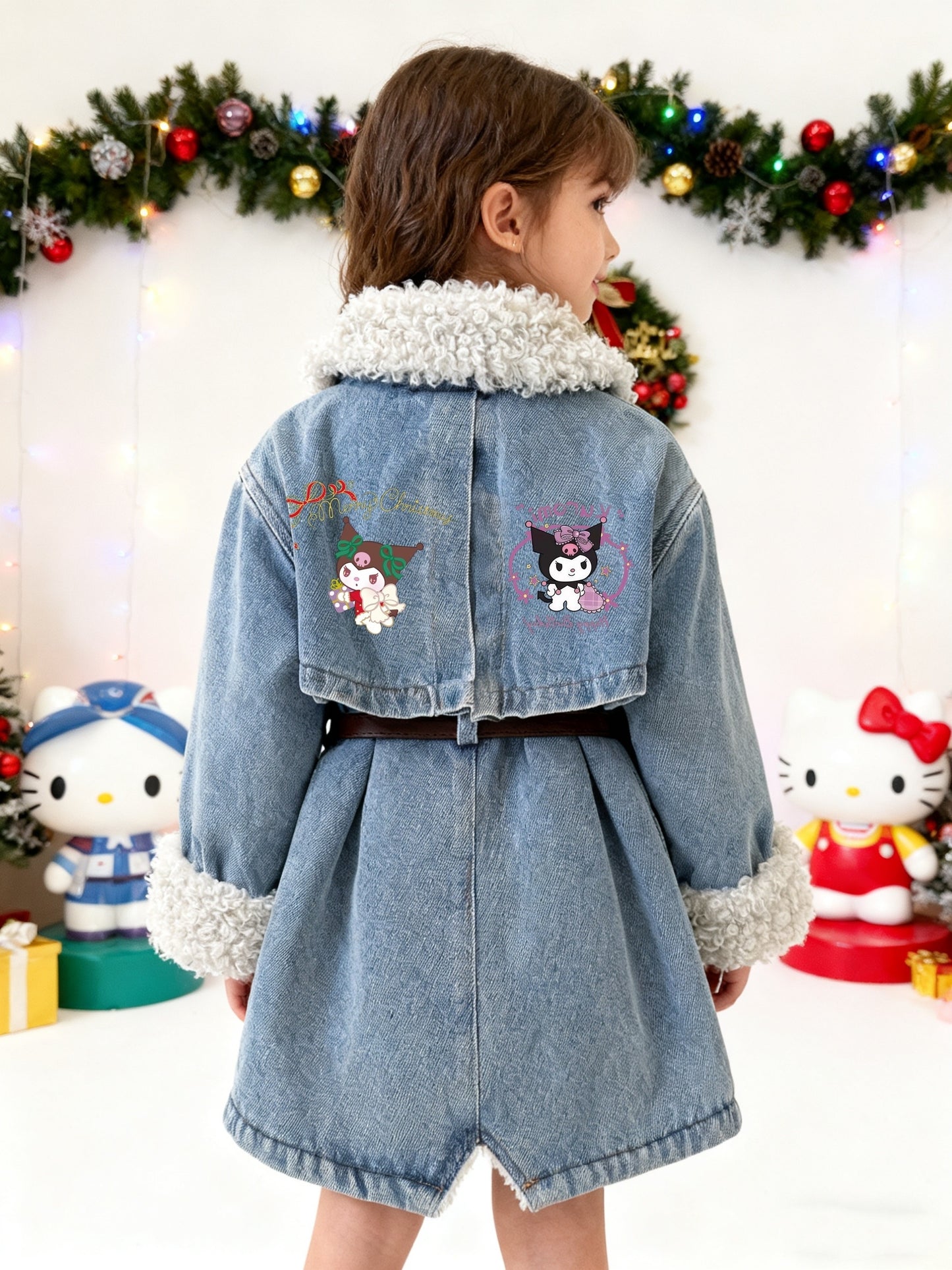 [Sanrio]Exclusive Design, Sanrio Family Print, Mid-long Length Fleece-lined Coat for Girls, Denim Fleece-lined Coat, The Latest Warm Coat for Autumn for and Winter. Comes with for a Belt. for a Gift for Your Daughter. for a M