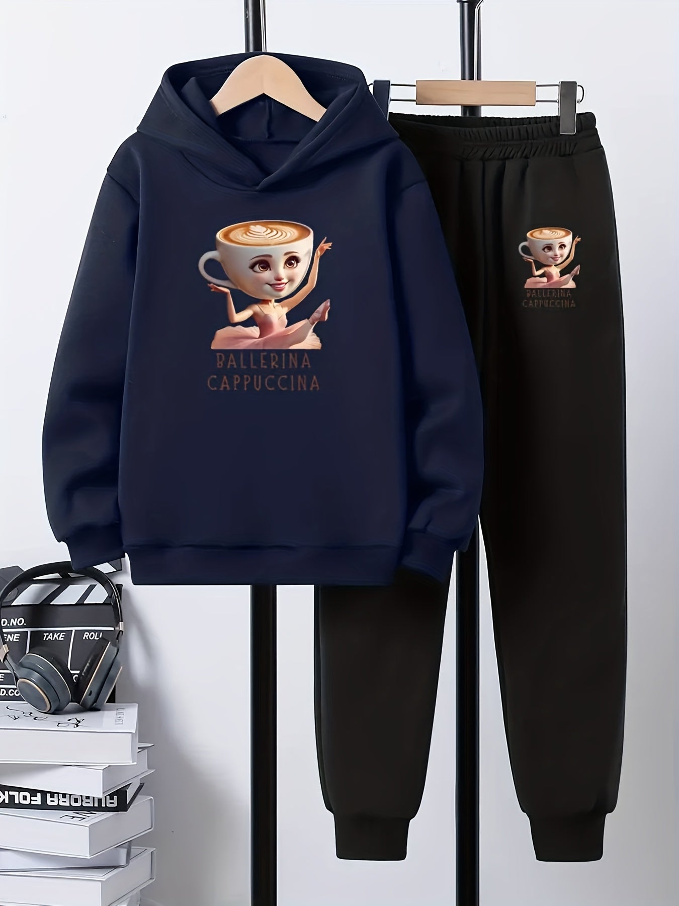 2pcs Boys' Italian Brainrot Cappuccino Ballerina Pattern Hoodie and Jogger Set - Comfortable Loose Fit Sweatshirt with Matching Printed Ballet Dancer Pants, Machine Washable Autumn/Winter Casual Wear, Suitable for School and