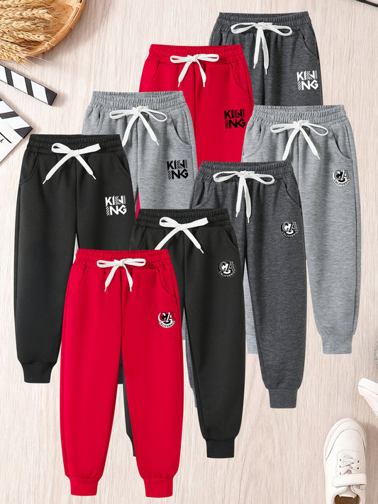 8pcs Boys' Long Pants Set with Elastic Waist & Adjustable Drawstring - Soft Breathable Athletic Pants with Pockets, Multi-Color (/Red/Grey) for Active Play & Casual Attire - Winter Warmth, Easy On/Off, Durable 'rousers for Sc