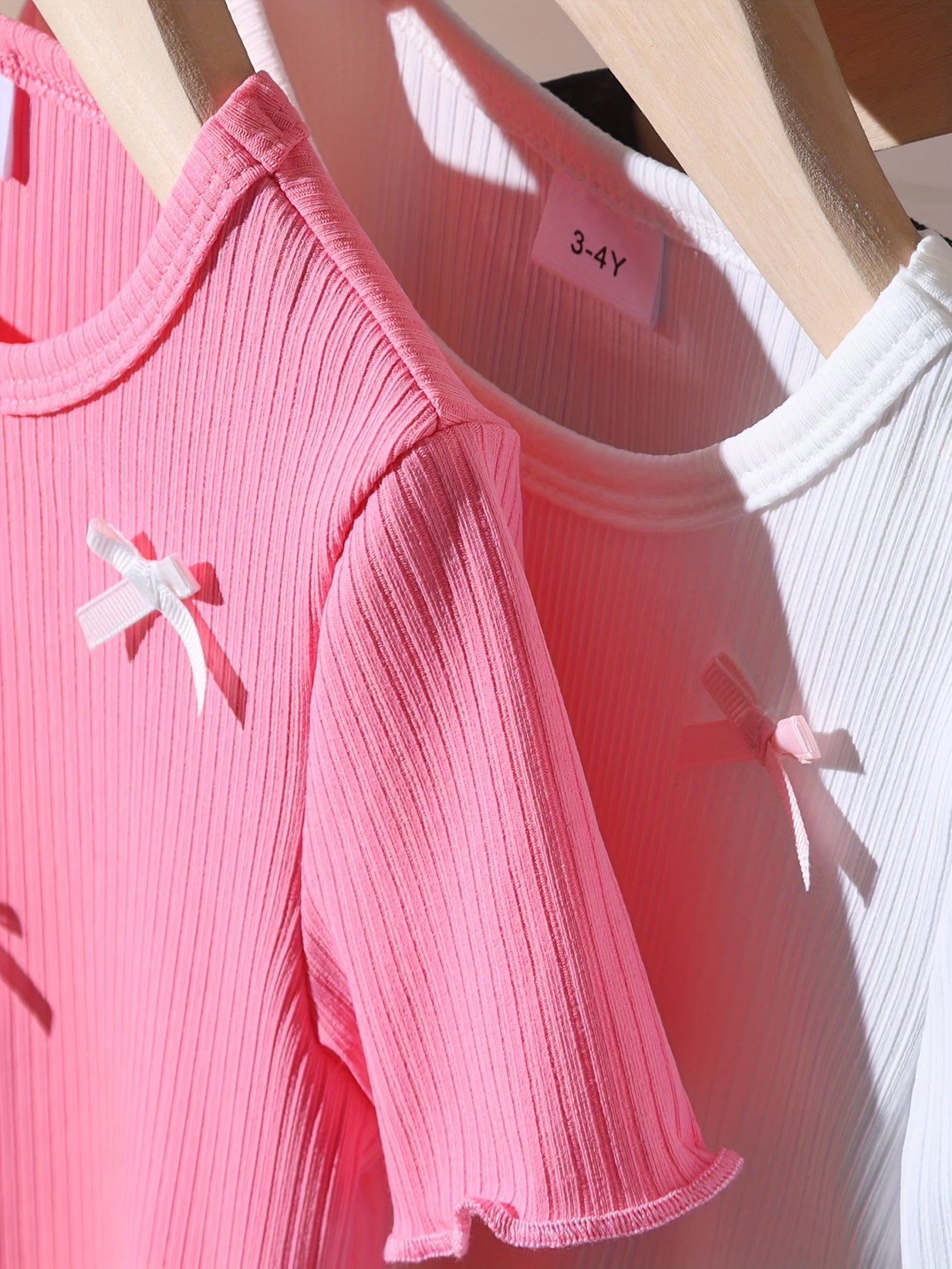 [Girls' Summer T-Shirts Set] 3pcs Girls' Summer T-Shirts - Casual Cute Style, Soft Knit Fabric, Short Sleeve Round Neck, White Pink Black with Bow Accents, Ruffled Hem, Machine Washable for Everyday Summer Outfits, Easy Care
