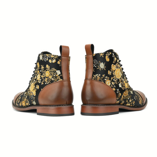Men's Retro Boots with Floral Embroidery, Black Ankle Boots, Casual & Stylish for All Seasons, Round Toe & Rubber Sole, Perfect for Hiking, Outdoor, and Casual Attire