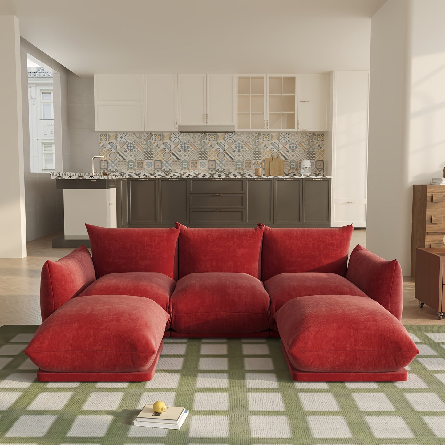 [5-Seater Modular Chenille Sofa] Modular Chenille Minimalist U-Shaped 5-Seater Sectional Sofa with Wide Reversible Chaise Ottoman for Living Room, Bedroom, Office, Apartment