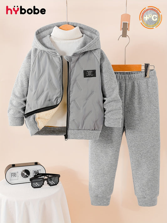 [Stylish Boys' Hoodie Set] 2pcs Boys' Black Solid Color Patterned Fashionable Open Front Warm Top & Pants Set - Autumn/Winter Hoodie Outfit, Comfortable and Stylish, Perfect Gift for Kids, Perfect for Outdoor