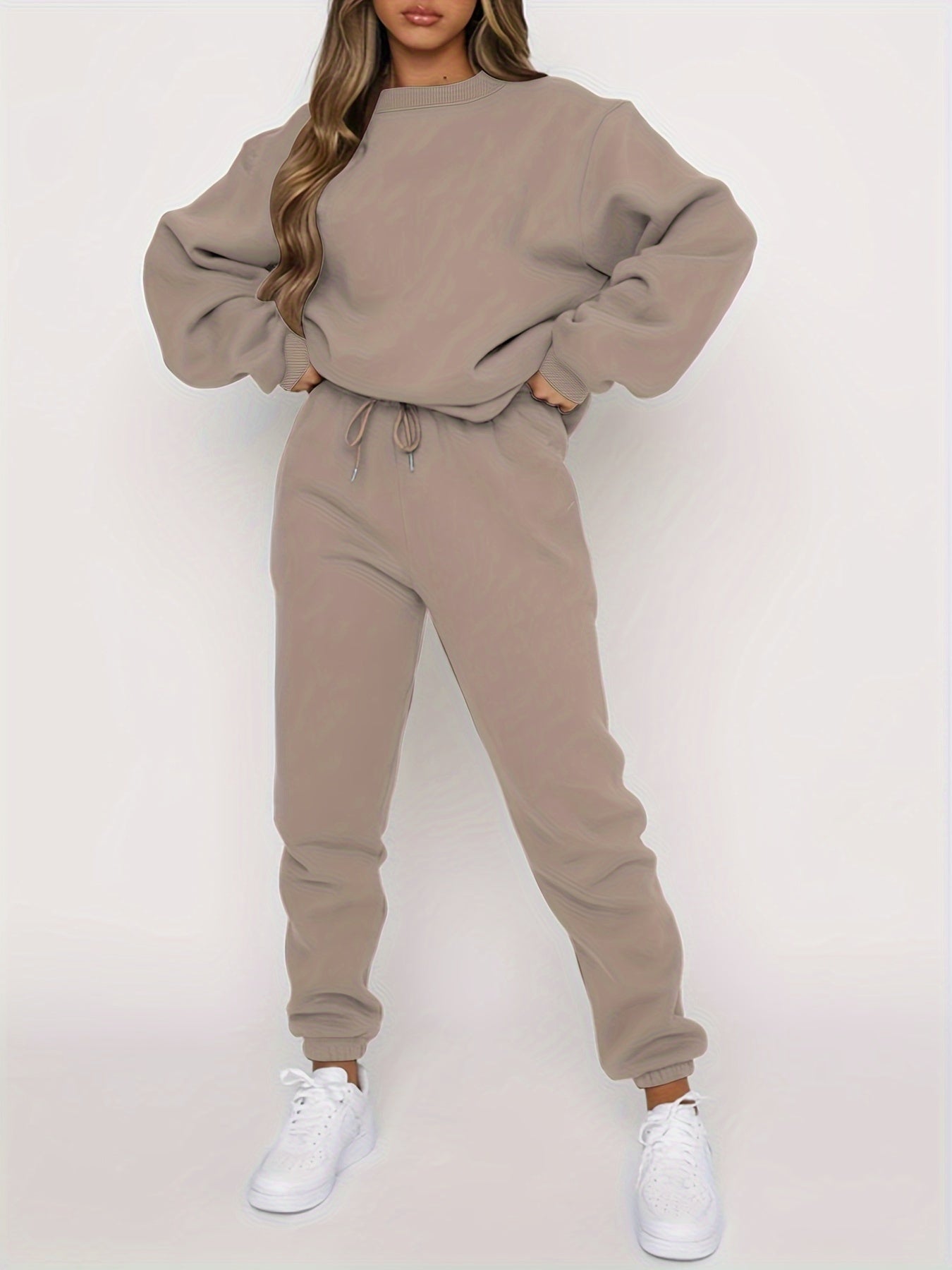 Women's Autumn And Winter Simple Solid Color Loose Pullover Sweatshirt + Solid Color Elastic Waist Pants Casual, Fashionable, Temperamental, Commuting, Versatile Two-Piece Set