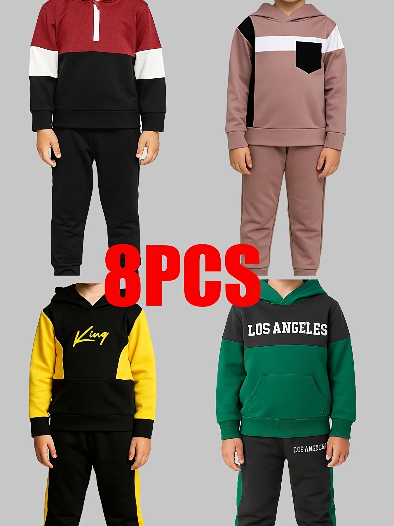 8pcs - Targeted Development Of Autumn And Winter New Boys' Fashion Long Sleeved Pants Set Pattern Baseball Jacket Outer Coat Splicing Cool Print Sports And Leisure Outdoor Set Four Piece Top Four Long Pants, for Outdoor