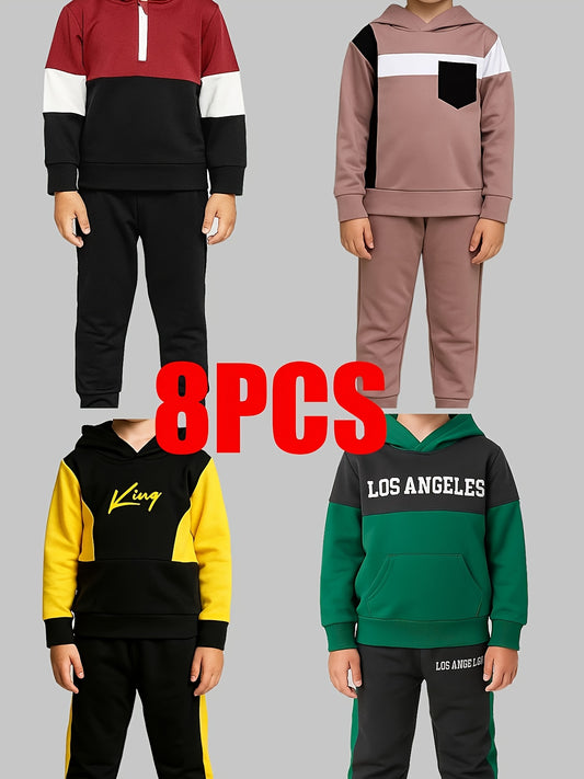 8pcs - Targeted Development Of Autumn And Winter New Boys' Fashion Long Sleeved Pants Set Pattern Baseball Jacket Outer Coat Splicing Cool Print Sports And Leisure Outdoor Set Four Piece Top Four Long Pants, for Outdoor