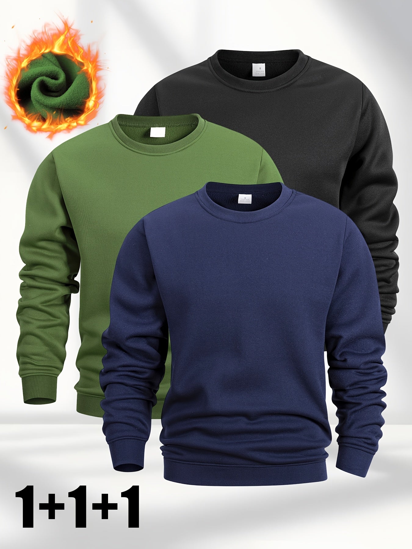 [Three Fleece Pullovers] A Set of Three Men's Solid Color Fleece Crew Neck Casual Pullovers, Featuring a Easy And Stylish Design with Slight Stretch, Suitable for Autumn And Winter. They Are Machine Washable And Can Be Worn L