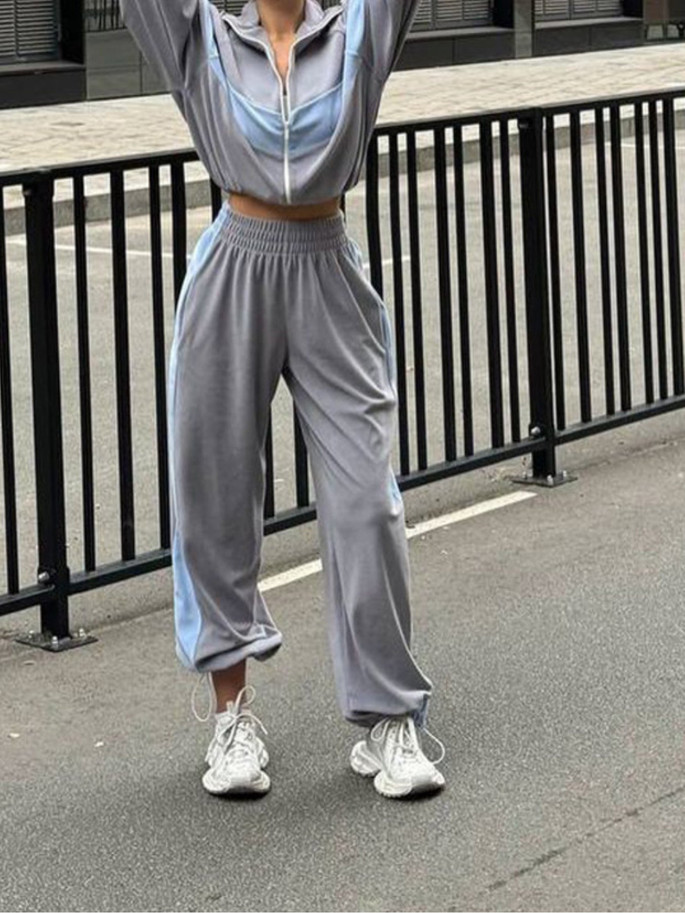 Women'S Casual Sports Suit - Zipper Cardigan & Long Pants Set, Long Sleeve, Color Block Design, Crew Neck, Slight Stretch Fabric, Perfect for Fall/Winter