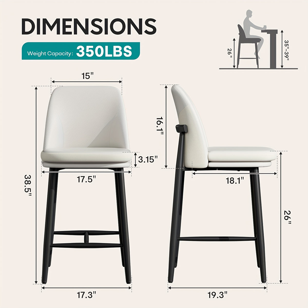 Set of 4 Modern Counter Height Bar Stools with Backrests - 26 Inch Faux Leather & Fabric Upholstered Seats, Sturdy Metal Legs & Cushioned Backs, Contemporary Square Design Kitchen Island & Dining Room Chairs, Easy-Clean Surfa