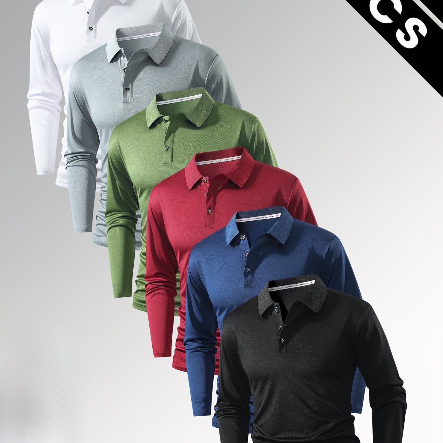 Six-piece Men's long-sleeve polos, featuring solid designs with versatile combinations suitable for various styles. Ideal for travel, business, golf, suburban outings, and sporty casual wear. Fashion-forward and easy to pair,