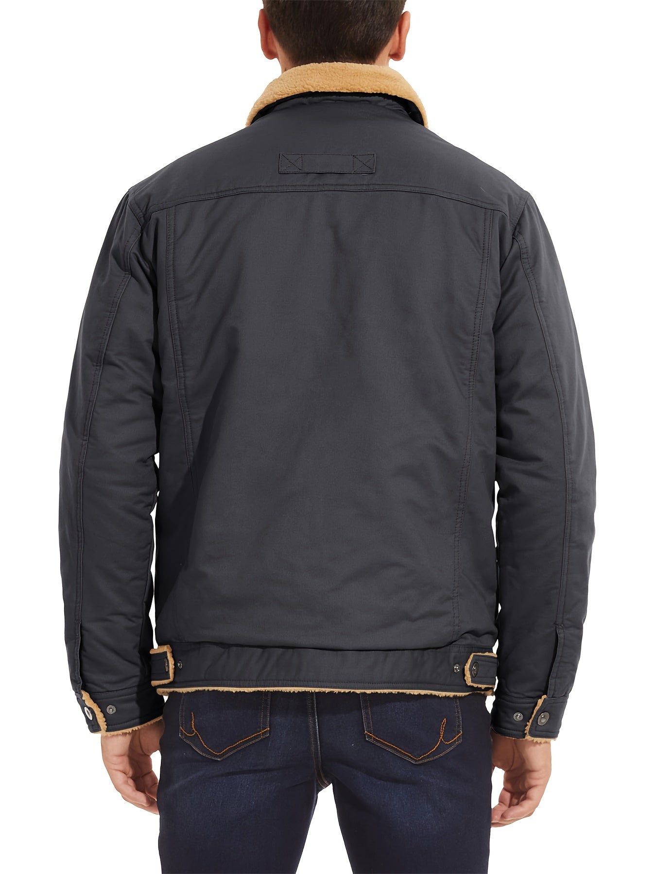 Men's Winter Jacket, Casual Grain Feel Fleece Washed Fabric Thick Soft Cozy Warm, Twill Texture Multifunctional Pocket Open Placket Metal Buckle, Trucker Style, Outdoor Running Hiking Climbing Camping Traveling Fishing Daily