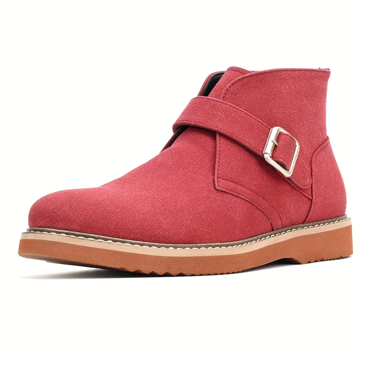 Men'S Red Faux Cover Chukka Hiking Boots with Buckle Closure - Ankle-High Round Toe, Arch Support & Cushioned Insole, All-Season Outdoor & Casual Boots, Durable Rubber Sole for Urban Streetwear, Daily Wear & Light Trekking -