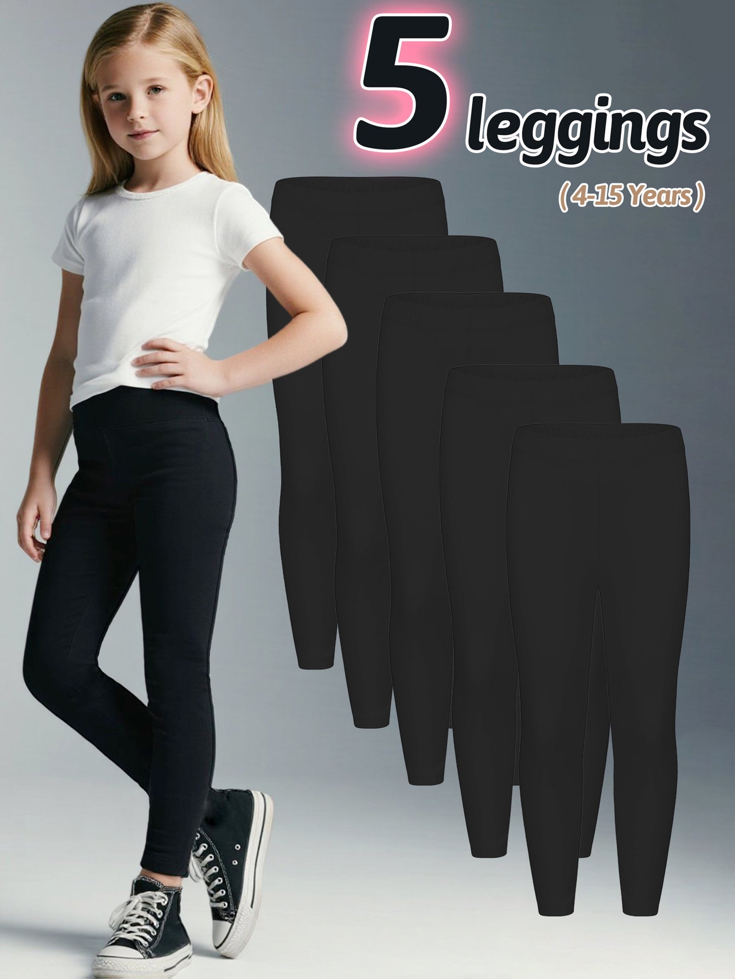 5pcs Girls' Black Stretchy Full-Length Leggings - Thin Spring Style Versatile Fashion Staple for Back-to-School, Dance, Ballet & Casual Wear - Hand Washable Pack