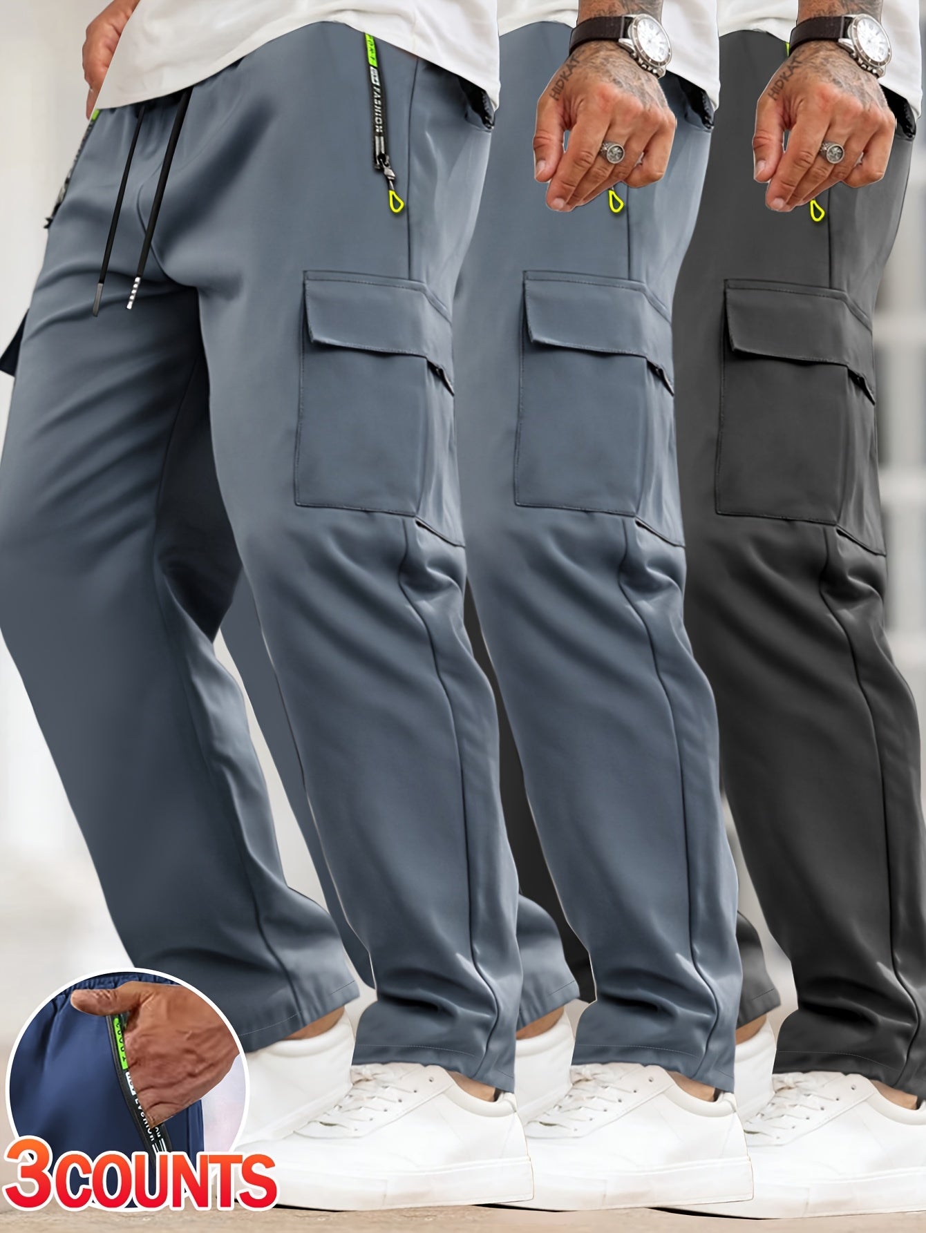 [3pcs Men's Cargo Pants] 3pcs Lightweight Men's Cargo Pants | Drawstring Elastic Waist, Multiple Zipper Pockets & Large Side Pockets | Breathable Regular Fit Casual Outdoor Pants for Spring/Fall (Black/Grey)