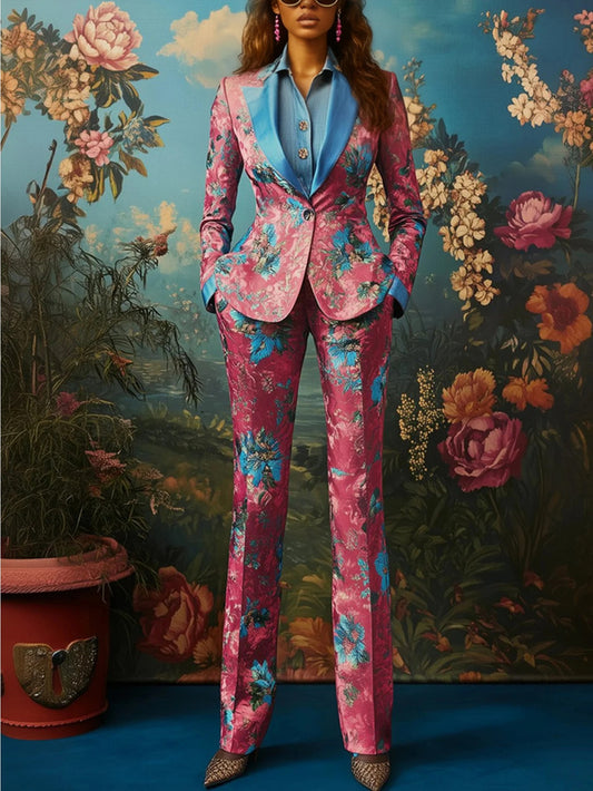 Women'S Pink & Blue Floral Jacquard Satin-Contrast Suit Set - Retro Elegant Double-Breasted Jacket & Wide-Leg Pants with Structured Lapel Collar, Tailored Fit for Fashion Shows, Art Events & Upscale Social Outfits | Luxury Wi