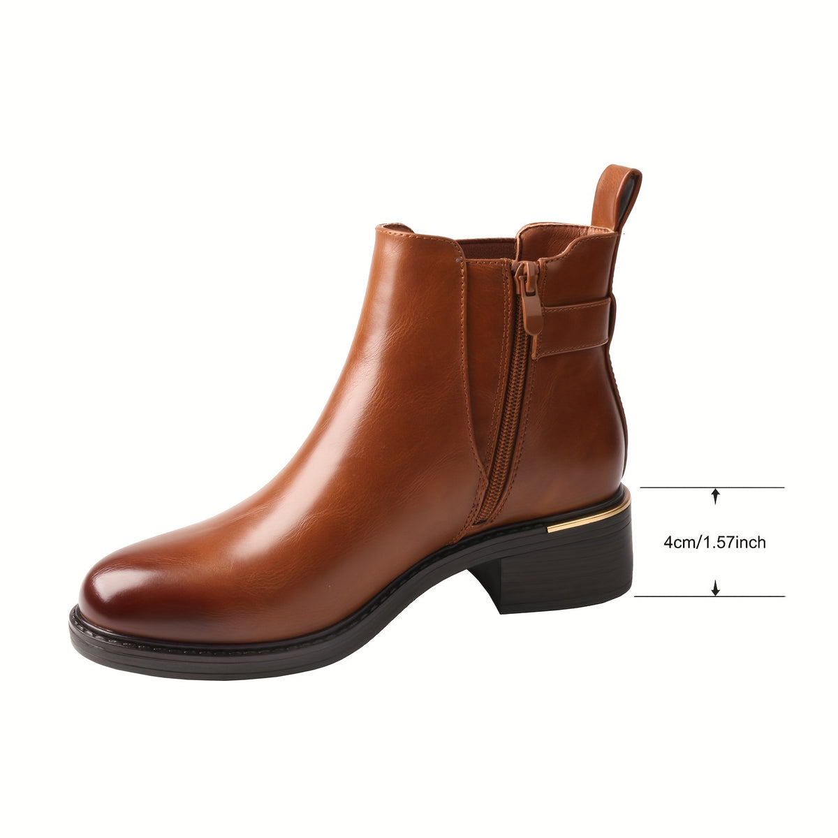 TMA EYES Women's Round Toe Short Boots with Thick Heel & Golden Buckle-Like Strap - Brown Faux (PU) Upper, TPR Sole, Side Zipper - Winter s for Jeans, Dresses, Casual & Formal Wear - Versatile Booties