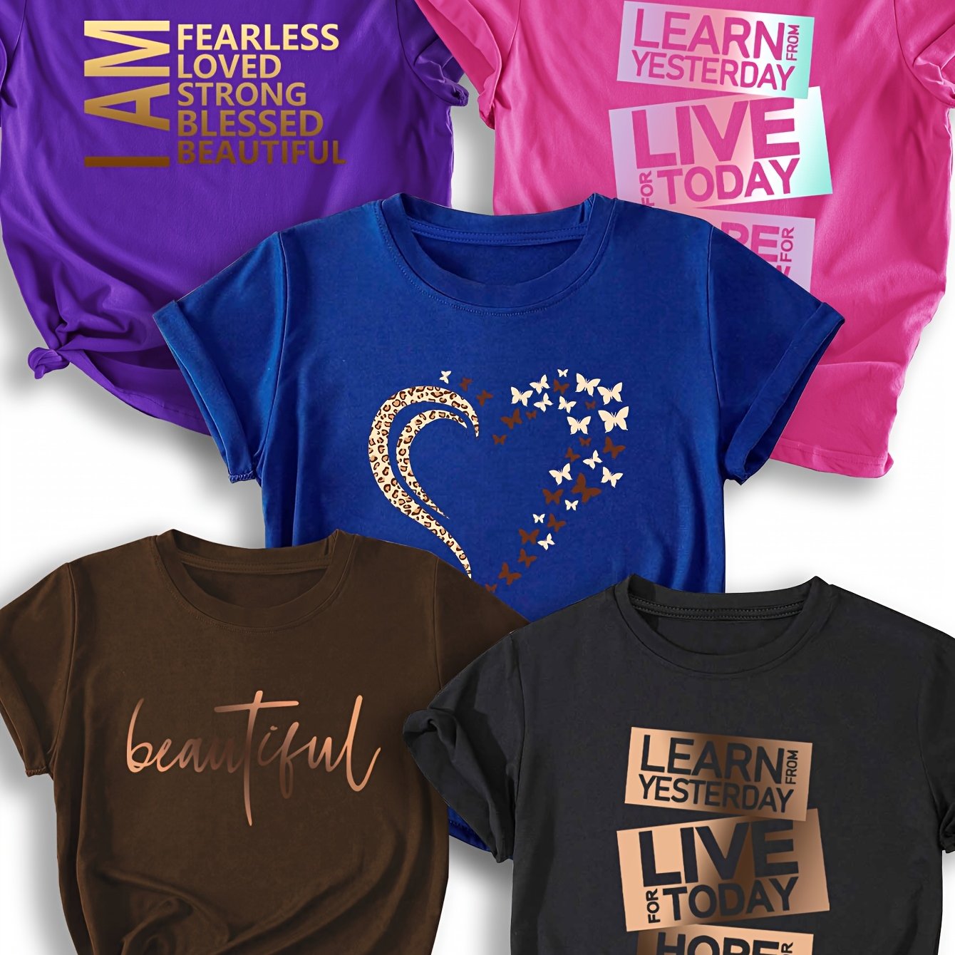 [Casual T-Shirts] 5pcs Women's Casual Crew Neck T-Shirts - Polyester, Short Sleeve | Inspirational Print Tee | Comfortable Fit Tee, All-Season, Round Neck