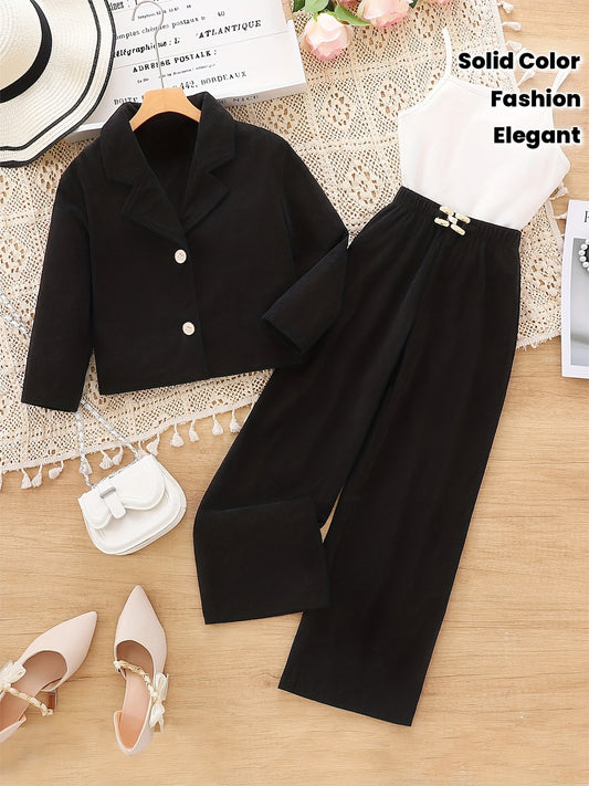 Girls' 3pcs Winter Outfit Set - Elegant Long Sleeve Blazer & Wide-Leg Pants with Button-Front Closure, Solid Color Top & Pants, Non-Stretch Fabric for School, for Outdoor, Winter Clothes For Girls, School Attire, Stylish Clot