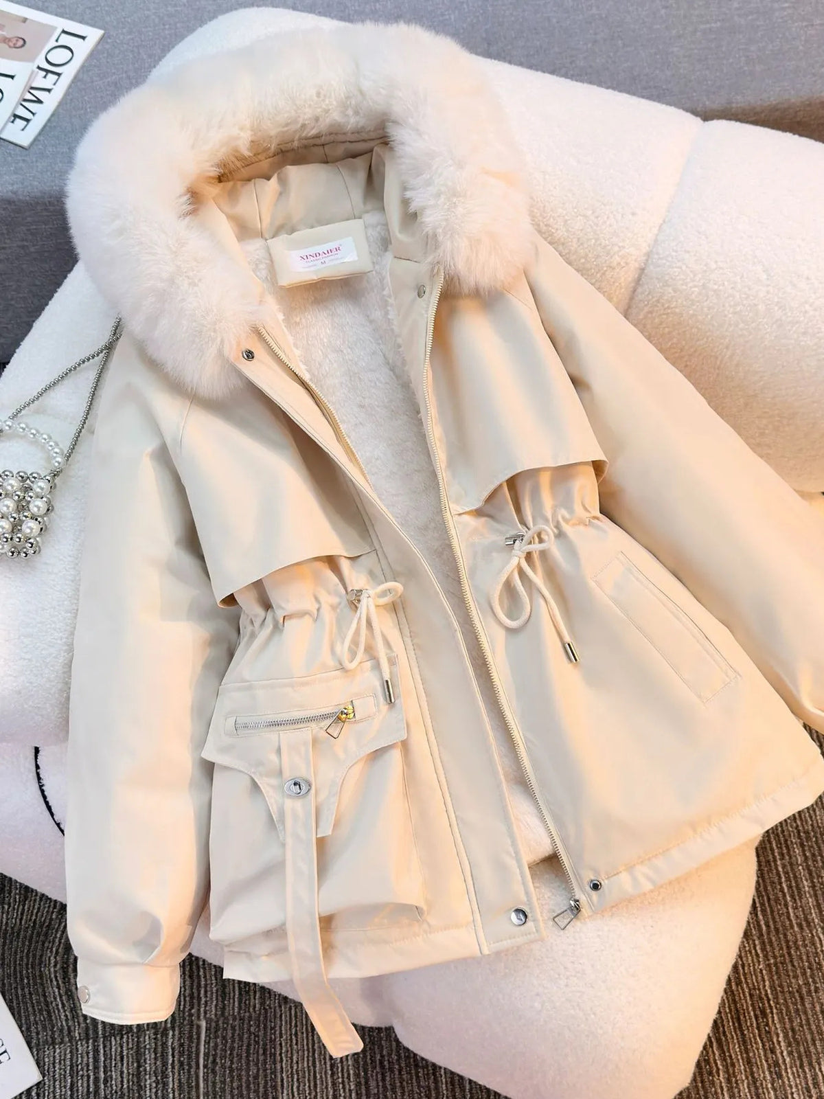 Women's Cold-Weather Fleece-Lined Fur Collar Parka Coat - One-Piece Winter Jacket with Pockets, Solid Color Casual Outerwear (No /Hoop Ears/Short Sleeves) for Extreme
