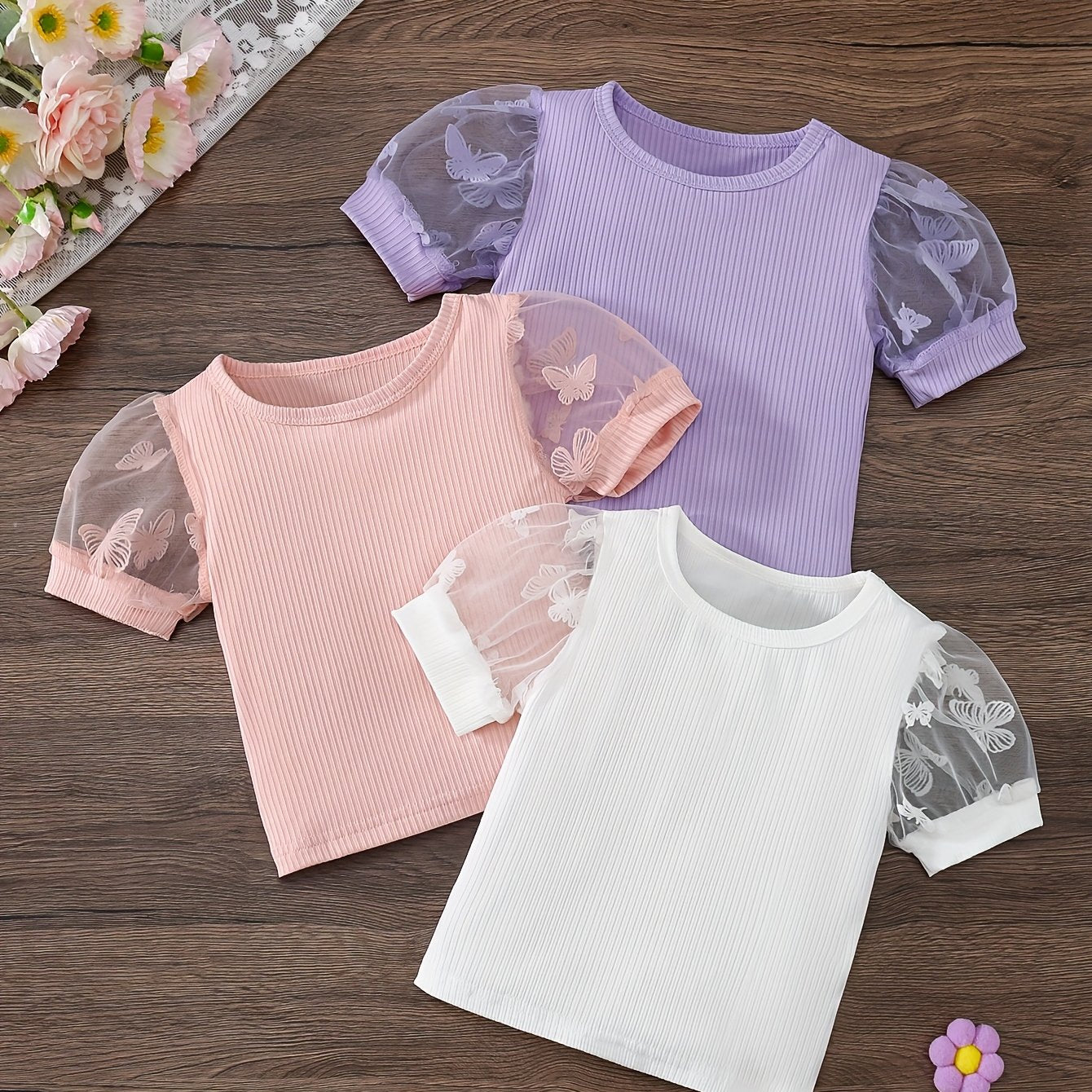Three-Piece Set • Cute Tulle Sleeve T-Shirts • for Girls