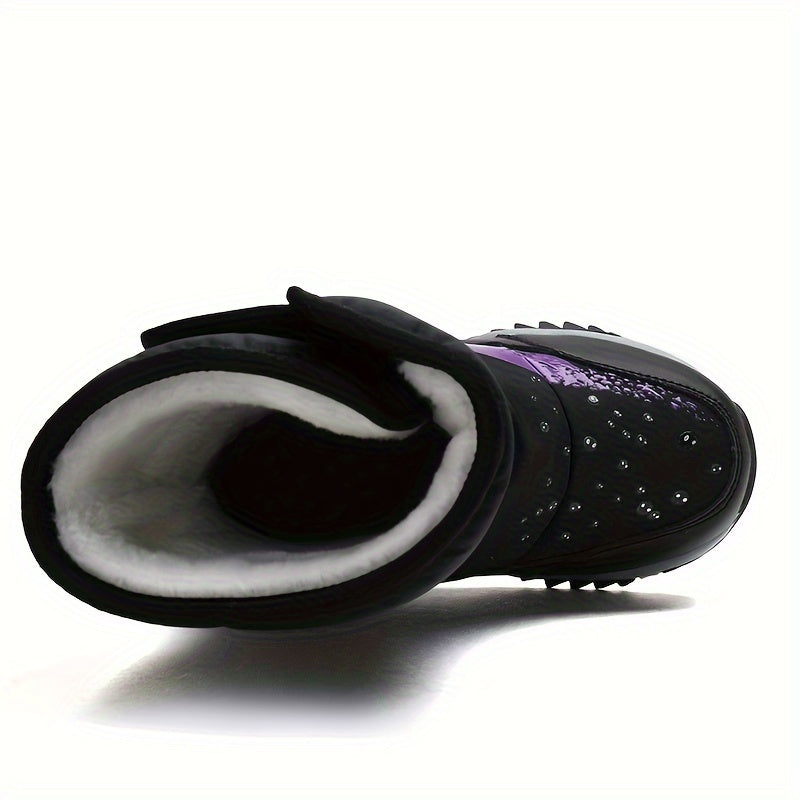 One Pair of Mid-Calf Plush Snow Boots, Simple Fashionable Magic Tape, Warm Snow Boots for Playing in the Snow, Outdoor Casual Wear, Available in Three Colors Purple, Black, Pink, Suitable for Different Personalities Girls, Ca