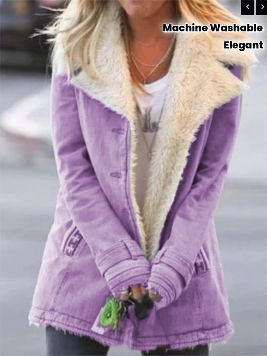 Women's 2025 Winter Long-Sleeve Plush Jacket - Elegant Collar & Chest Pocket, Thick Warm Coat for Cold Weather, Rich Purple (Vibrant Purple) - Non-Stretch, Machine Washable Outerwear for Fall and Winter, Winter Coats For Wome