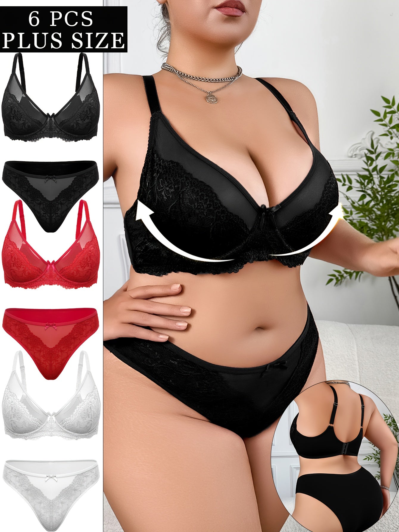 6pcs Women's Plus Size Sexy Lingerie Set, Floral Embroidery Sheer Bra And Mesh Low Waisted Panties, Steel Circle Lift Anti-Sag, Breathable And Comfortable Lace Bra Set with Adjustable Straps And Bow Decoration, Everyday Linge